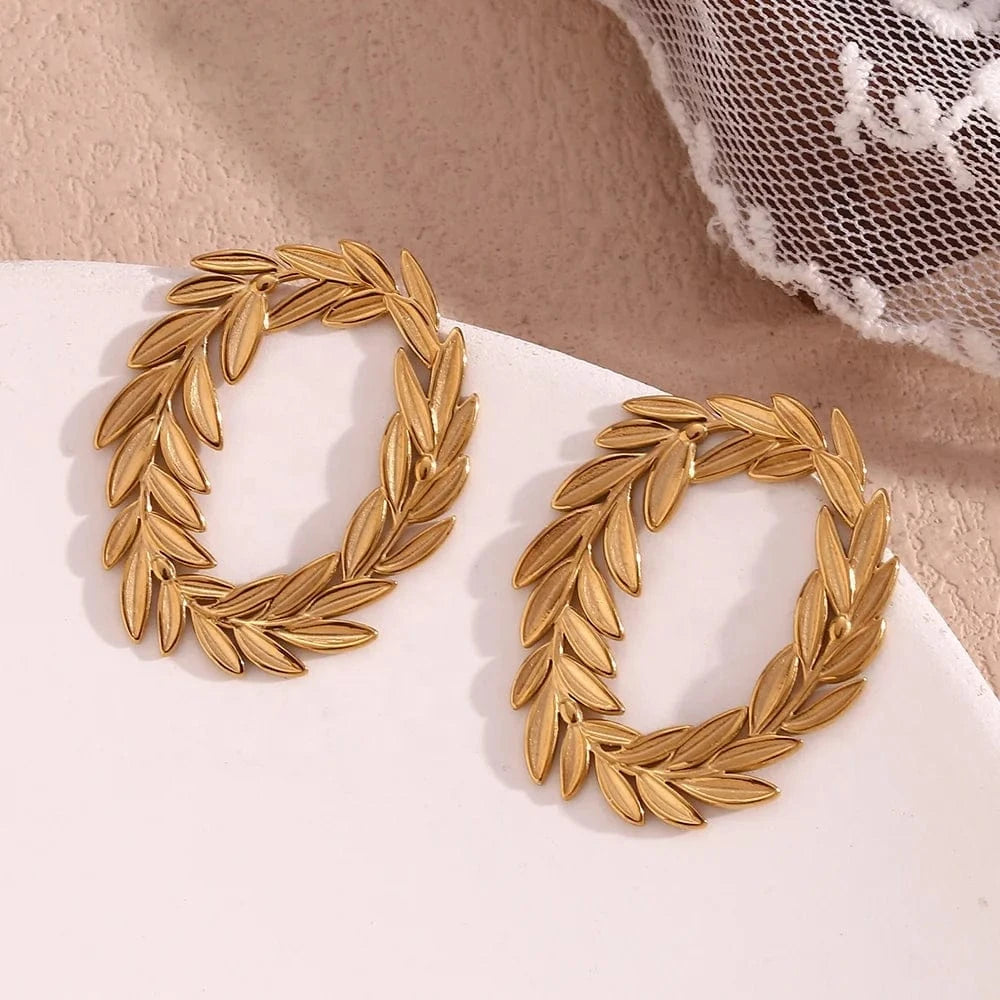 E7586_Gold Gold Plated Stud Earrings For Women Leaf Hoop Stainless Steel Jewelry Waterproof Women Jewelry