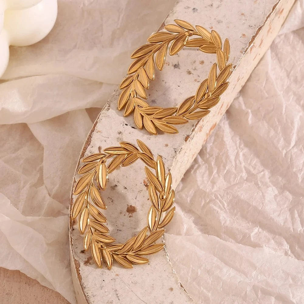 E7586_Gold Gold Plated Stud Earrings For Women Leaf Hoop Stainless Steel Jewelry Waterproof Women Jewelry