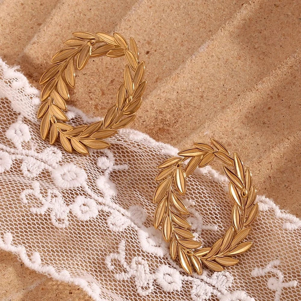 E7586_Gold Gold Plated Stud Earrings For Women Leaf Hoop Stainless Steel Jewelry Waterproof Women Jewelry