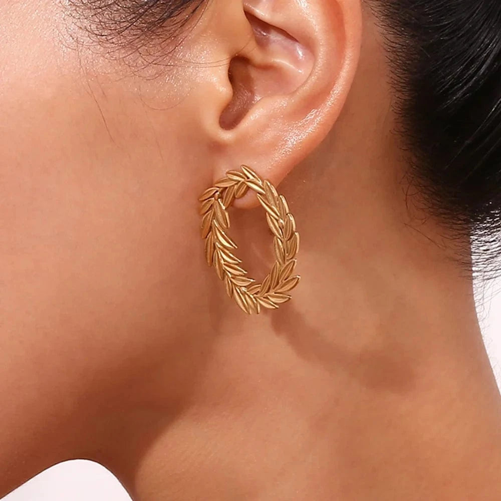 E7586_Gold Gold Plated Stud Earrings For Women Leaf Hoop Stainless Steel Jewelry Waterproof Women Jewelry