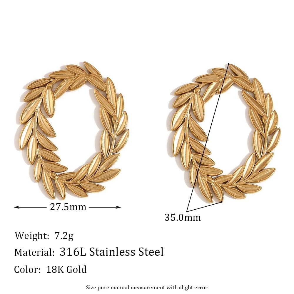E7586_Gold Gold Plated Stud Earrings For Women Leaf Hoop Stainless Steel Jewelry Waterproof Women Jewelry