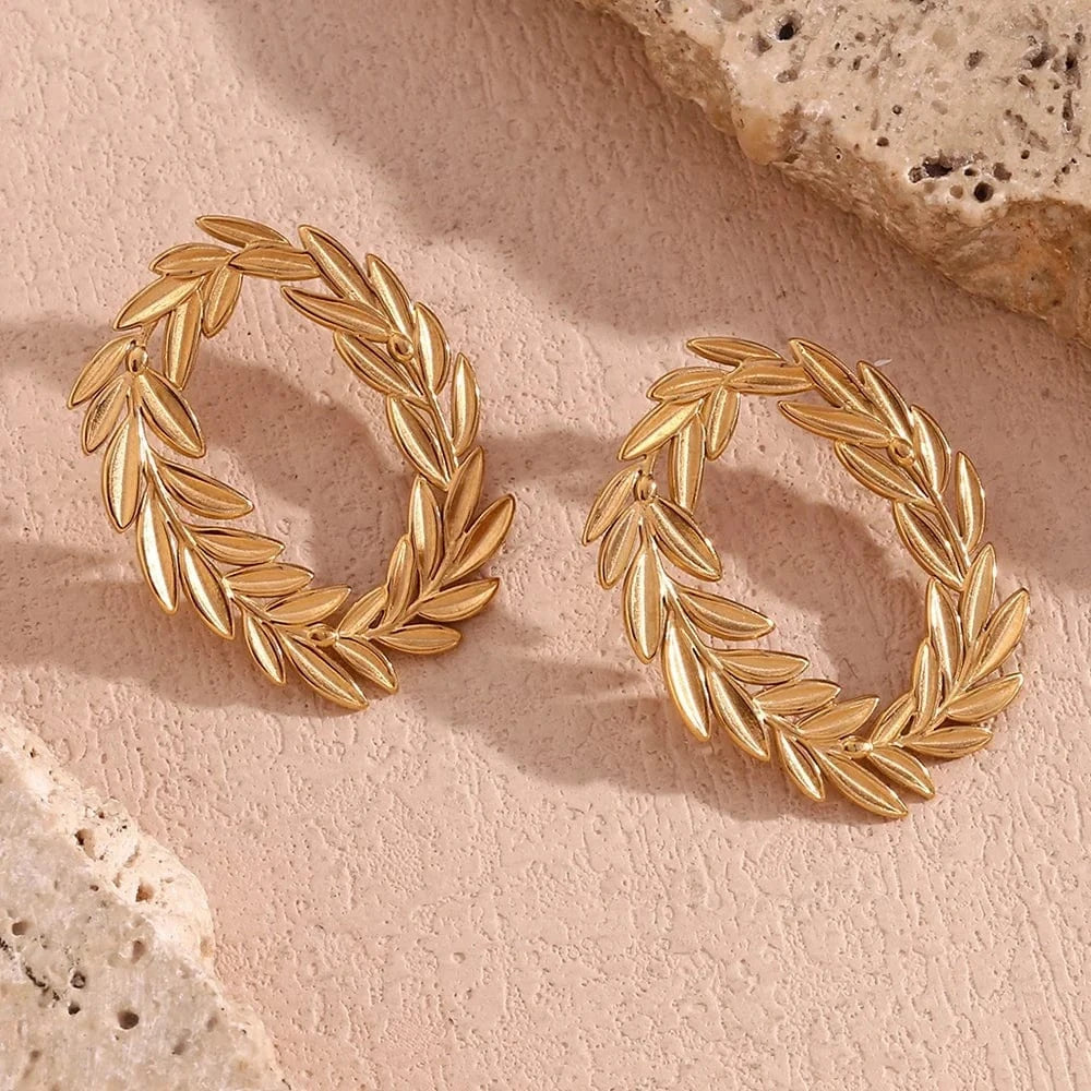 E7586_Gold Gold Plated Stud Earrings For Women Leaf Hoop Stainless Steel Jewelry Waterproof Women Jewelry