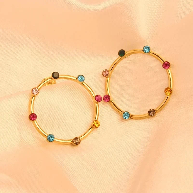 Earring / 02 14k Series Stainless Steel Gold Plated Colorful Cbic Zirconia Hoop Tassel Earrings Fashion Women Stud Earring Jewelry