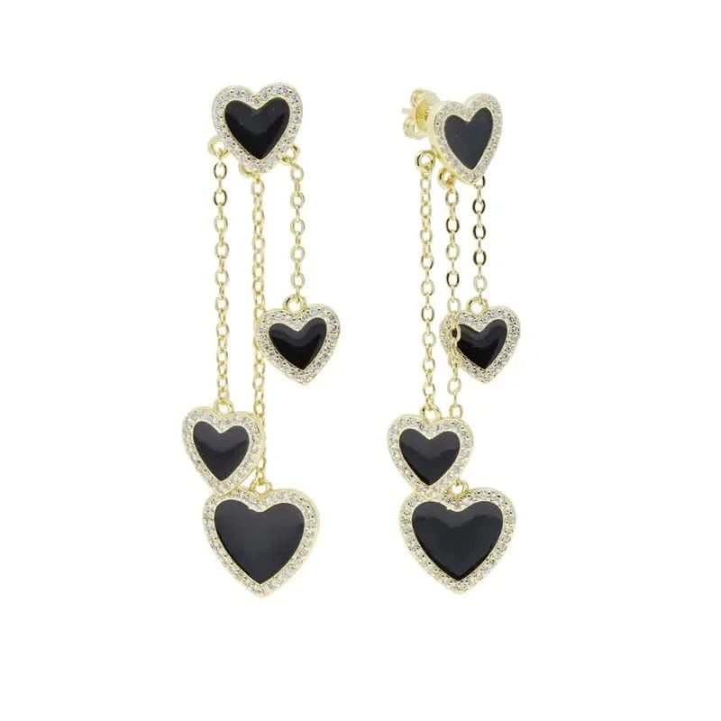 earring / E576-Gold Micro Pave 5A Black White Red CZ Enamel Heart Necklace Bracelet Earring For Women Fashion Jewelry Set
