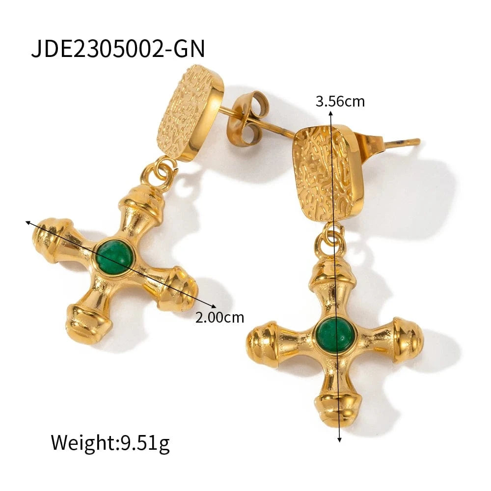 earrings CLASSIC / E2496-1 Religious Classic Cross Earrings Tiger Eye Green Agate Stone Pendant 18k Stainless Steel