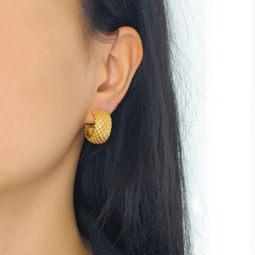 Earrings / Gold FANJIN Dropshipping Waterproof Grain Fat Earrings 18K Gold Plated Stainless Steel Tarnish Free Cute Jewelry