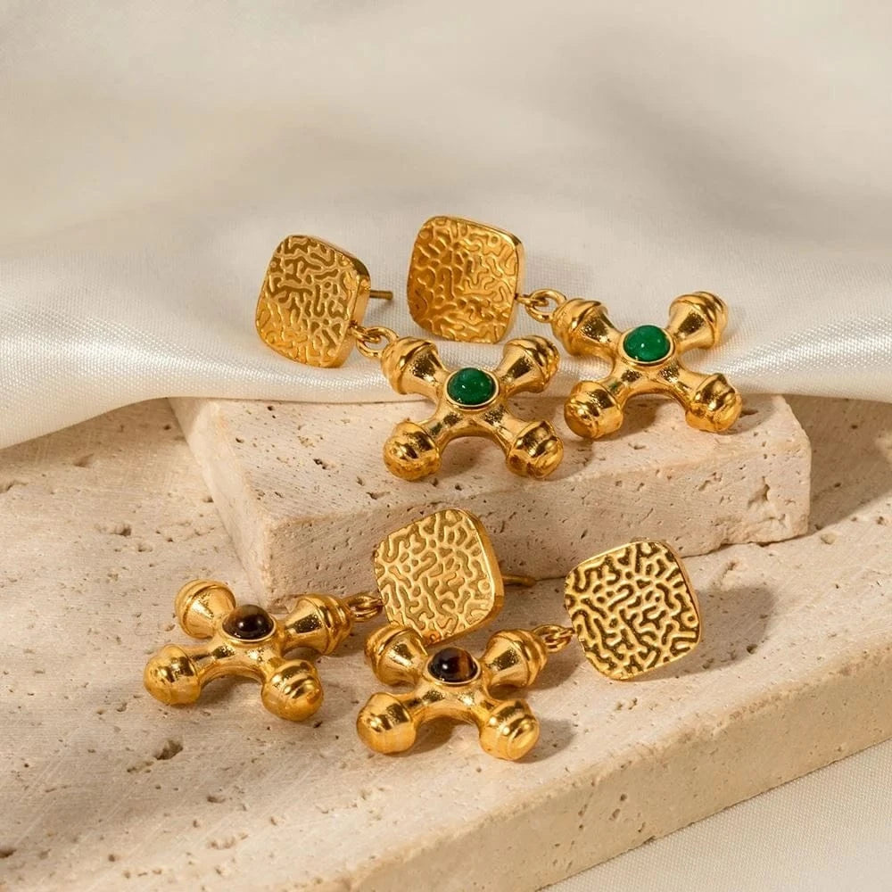 earrings Religious Classic Cross Earrings Tiger Eye Green Agate Stone Pendant 18k Stainless Steel
