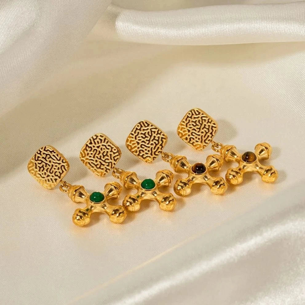earrings Religious Classic Cross Earrings Tiger Eye Green Agate Stone Pendant 18k Stainless Steel