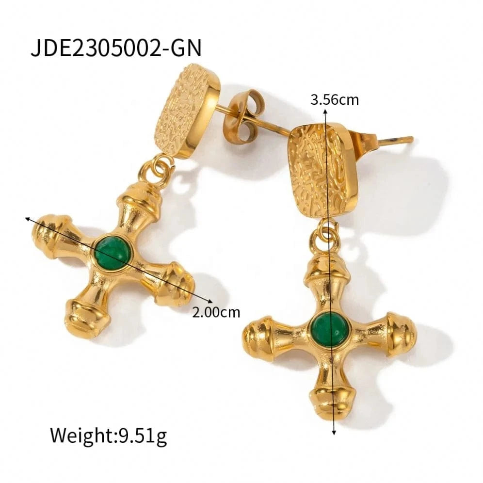 earrings Religious Classic Cross Earrings Tiger Eye Green Agate Stone Pendant 18k Stainless Steel