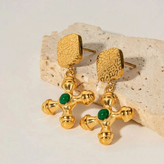 earrings Religious Classic Cross Earrings Tiger Eye Green Agate Stone Pendant 18k Stainless Steel