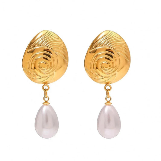 earrings Trendy / E2524 Gold Conch Texture Earrings with Water Drop Shell Pearl Pendant