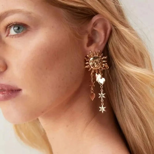 earrings Trendy / E2568 Sun Smiling Face with Love Pentagram Drop Earring