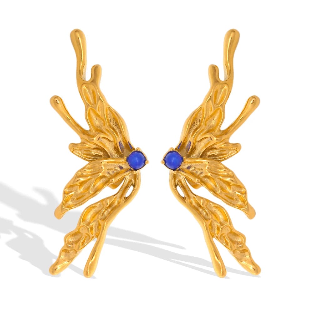 Earrings / YS663 Gold Blue Color Earrings FANJIN New Arrival Stainless Steel Natural Stone Earring Wings Earrings Large Bling Earrings Women Party Jewelry