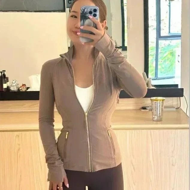 Earthy gold zipper / 12 2025 Women's Fitness Jacket Long Sleeve Zip Up High Elastic Yoga Running Top with Pockets for Gym Workout Athletic Wear
