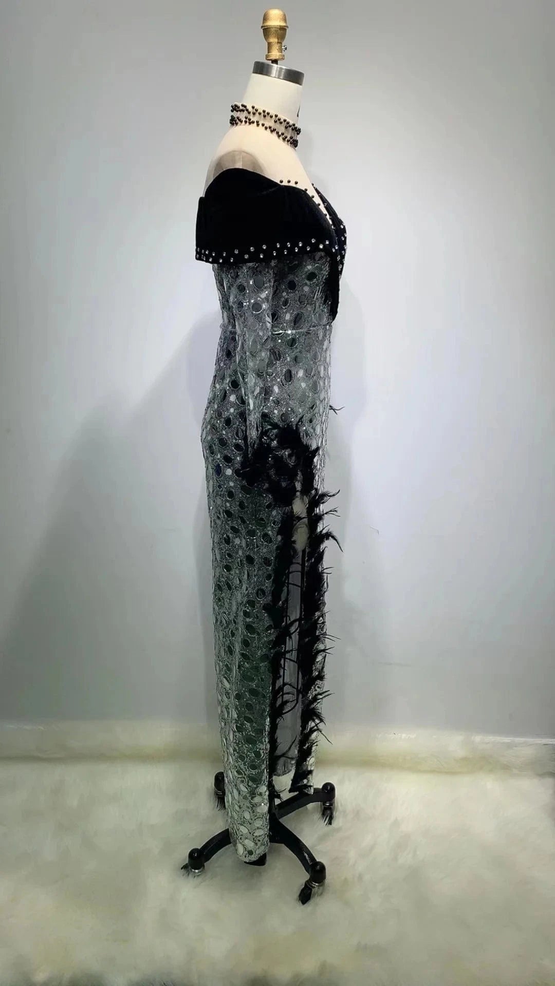 ED2226 Kimshein Women Elegant Mesh Velvet Occasion Thigh Split Maxi Sequin Beaded Dress Party Gowns Evening Winter Party Dresses