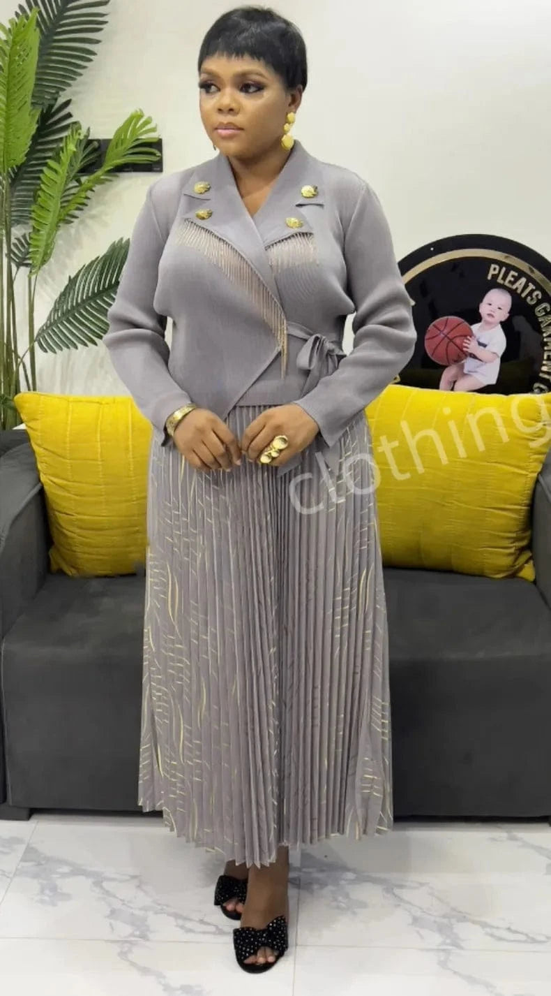 EGRM Elegant Banquet Pleated A-line Dress Suit Collar Mid To Long Style Waist Cinching Slimming Women Folds Skirt 2025 New 6G598