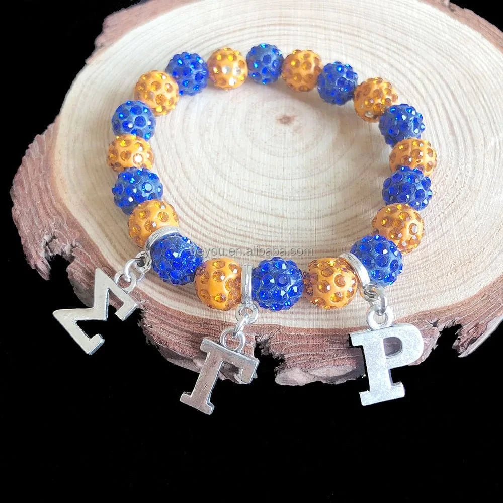 elastic bracelet / 19CM / legacy New Greek Sorority Organization Symbol Personalized Yellow Blue Letter Charm Crystal Setting Bracelet Women's Gift Jewelry