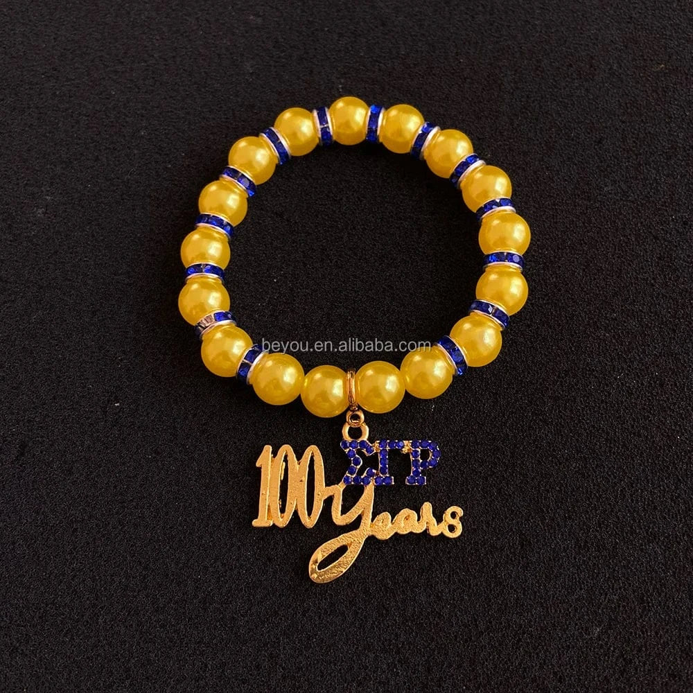 elastic bracelet / 19CM / legacy New Greek Sorority Organization Symbol Personalized Yellow Blue Letter Charm Crystal Setting Bracelet Women's Gift Jewelry