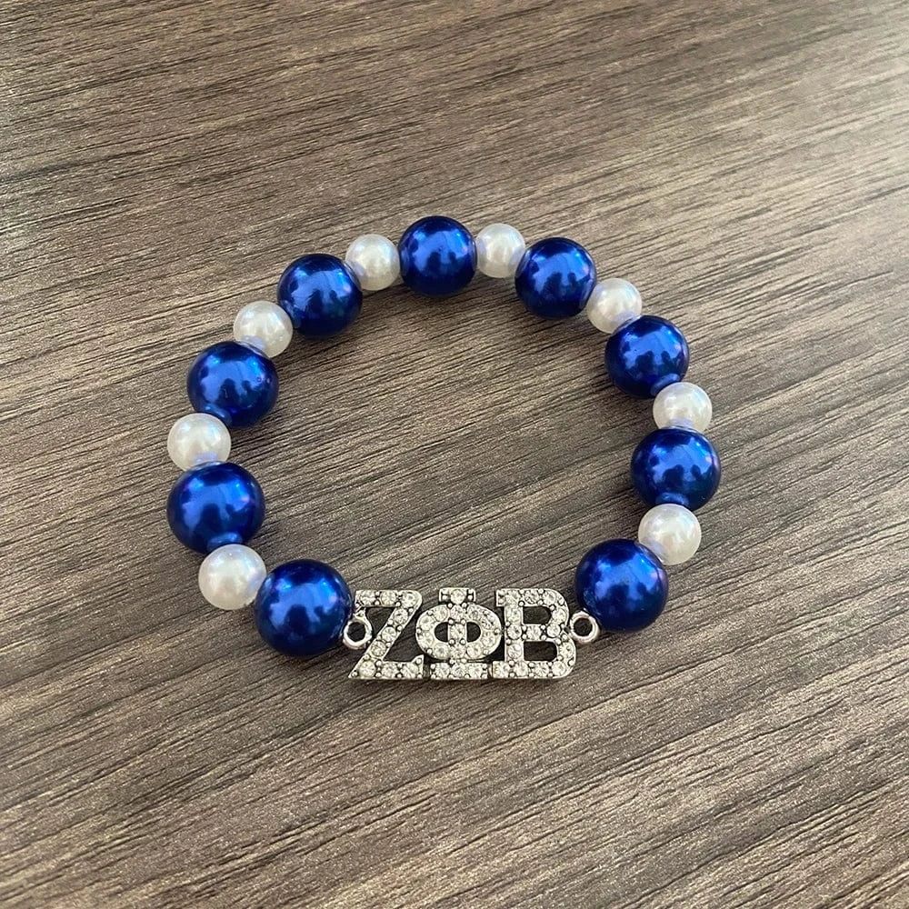 elastic bracelet / 19CM / rhinstone Exquisite Greek Letter Sorority Zeta Phi Beta Bracelet Blue and White ZPB Pearl Bracelet New Fashion Women's  Elastic Bracelets