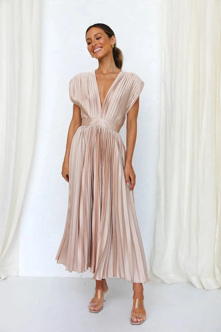 Elegance Draped V-Neck Pleated Skirt Dress 2025 Women Solid Strapless Backless Patchwork Loungewear Simple Maxi Dress