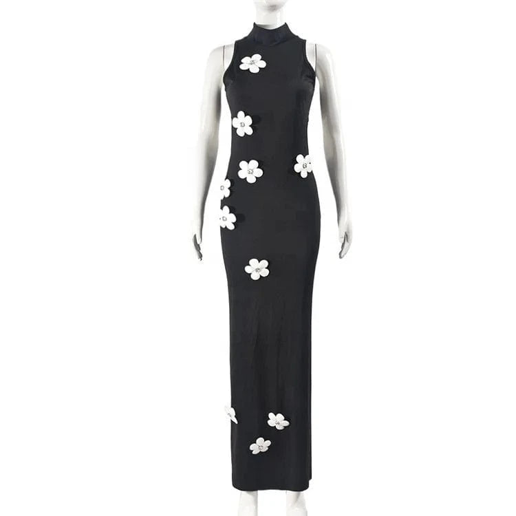 Elegant Black Flower Applique Bodycon Long Dresses Party Outfits For Women 2024 Sexy Hollow Out Bodycon Maxi Dress