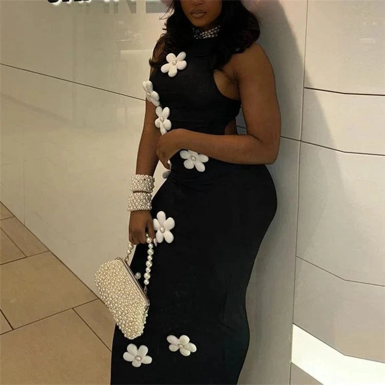 Elegant Black Flower Applique Bodycon Long Dresses Party Outfits For Women 2024 Sexy Hollow Out Bodycon Maxi Dress