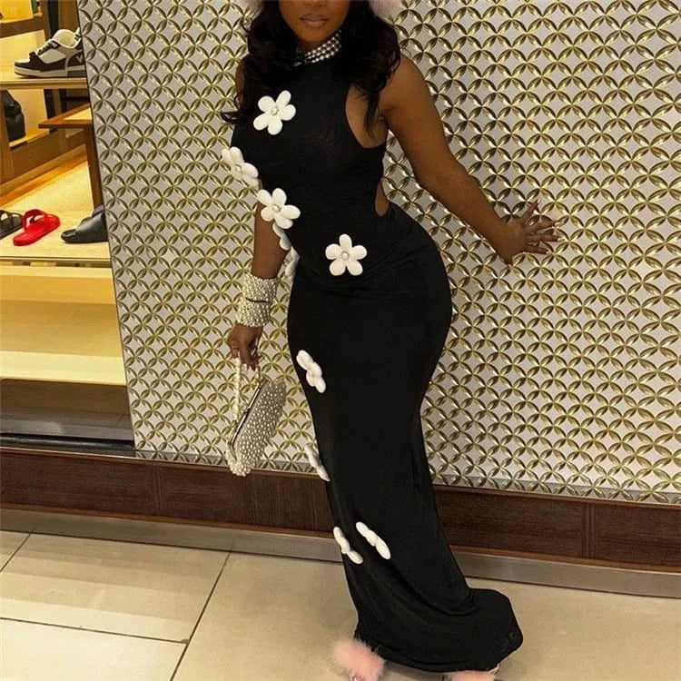 Elegant Black Flower Applique Bodycon Long Dresses Party Outfits For Women 2024 Sexy Hollow Out Bodycon Maxi Dress
