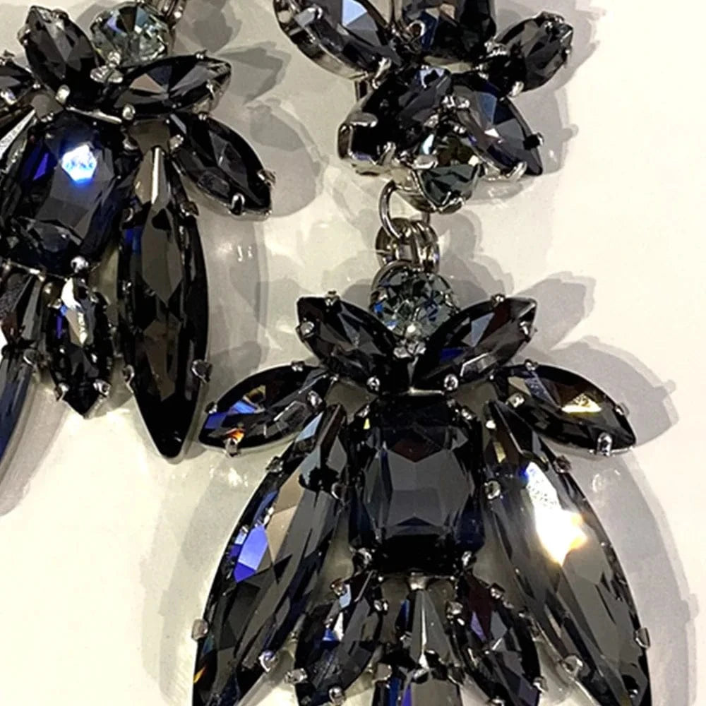 Elegant Black Rhinestone Crystal Pendant Earrings Sophisticated Eye-catching Luxury Design Jewelry for Women Accessory