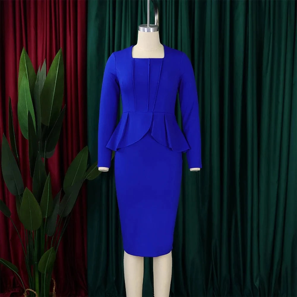 Elegant Bodycon Dresses for Women Square Neck Full Sleeve Ruffles Package Hips Mid Calf Formal Business Work Vestidos Mujer Robe