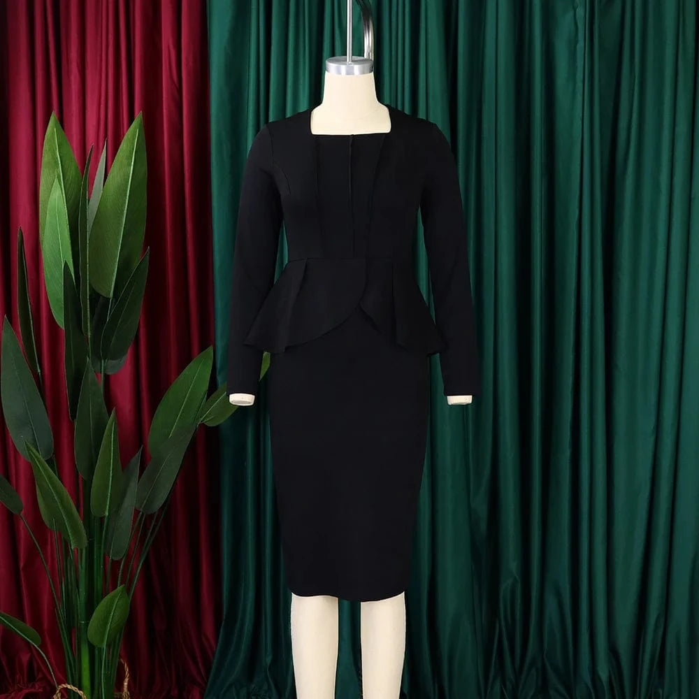 Elegant Bodycon Dresses for Women Square Neck Full Sleeve Ruffles Package Hips Mid Calf Formal Business Work Vestidos Mujer Robe