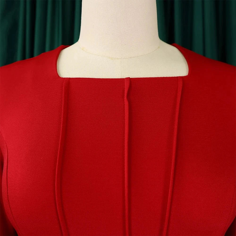 Elegant Bodycon Dresses for Women Square Neck Full Sleeve Ruffles Package Hips Mid Calf Formal Business Work Vestidos Mujer Robe