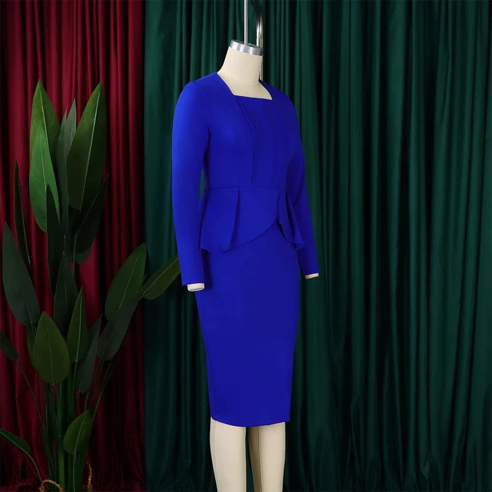 Elegant Bodycon Dresses for Women Square Neck Full Sleeve Ruffles Package Hips Mid Calf Formal Business Work Vestidos Mujer Robe