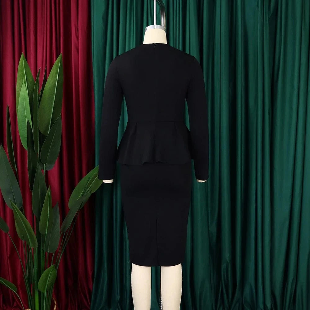 Elegant Bodycon Dresses for Women Square Neck Full Sleeve Ruffles Package Hips Mid Calf Formal Business Work Vestidos Mujer Robe