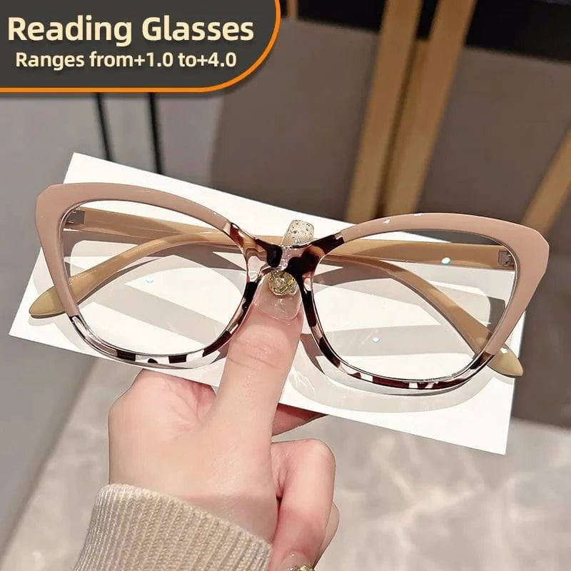 Elegant Cat Eye Reading Glasses for Women - Chic Color Block Frame Clear Lens Fashionable Computer Screen Presbyopia  1.0 to 4.0