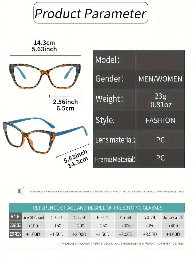 Elegant cat eye reading glasses for women-fashionable color block design, anti-blue light, 1.0 to 4.0 strength