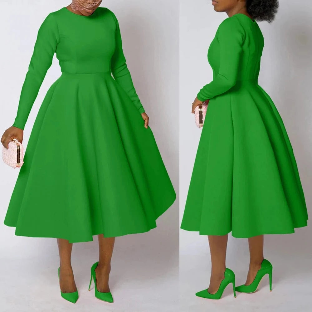 Elegant Church Dresses for Woman 2025 Fall Long Sleeve O Neck High Waisted A-Line Midi Calf Party Cocktail Dress with Pockets