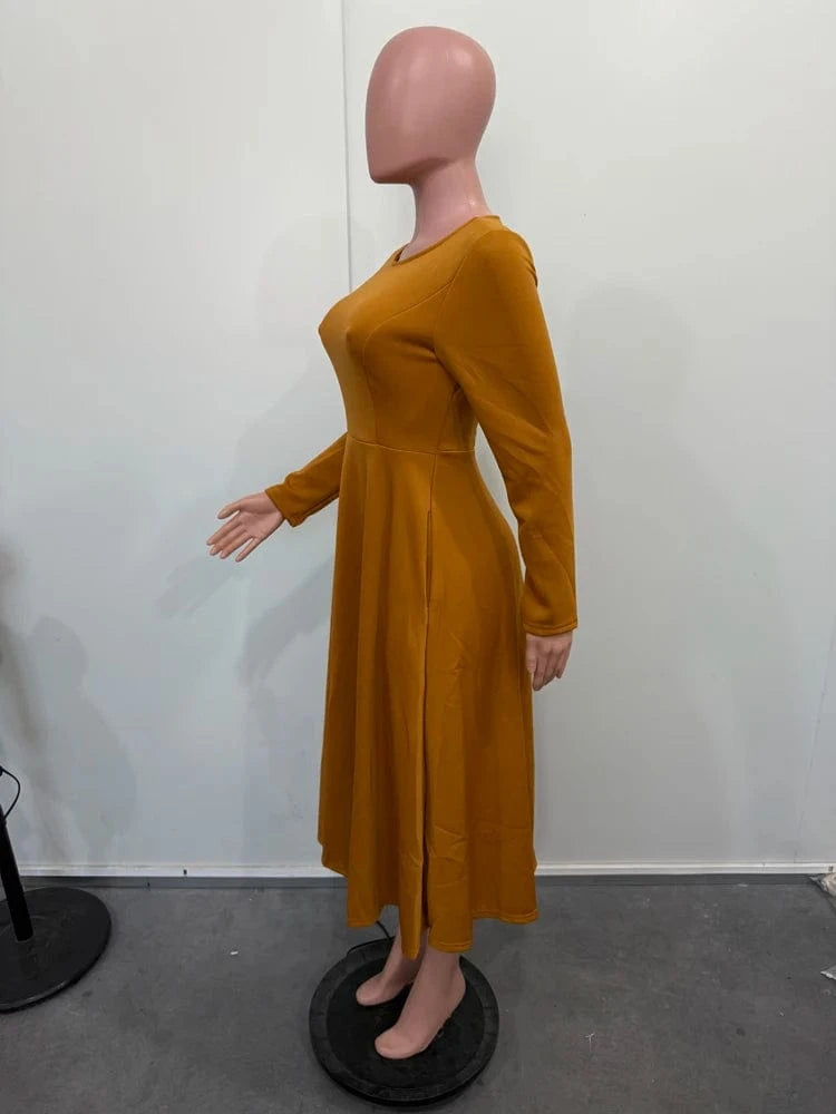 Elegant Church Dresses for Woman 2025 Fall Long Sleeve O Neck High Waisted A-Line Midi Calf Party Cocktail Dress with Pockets