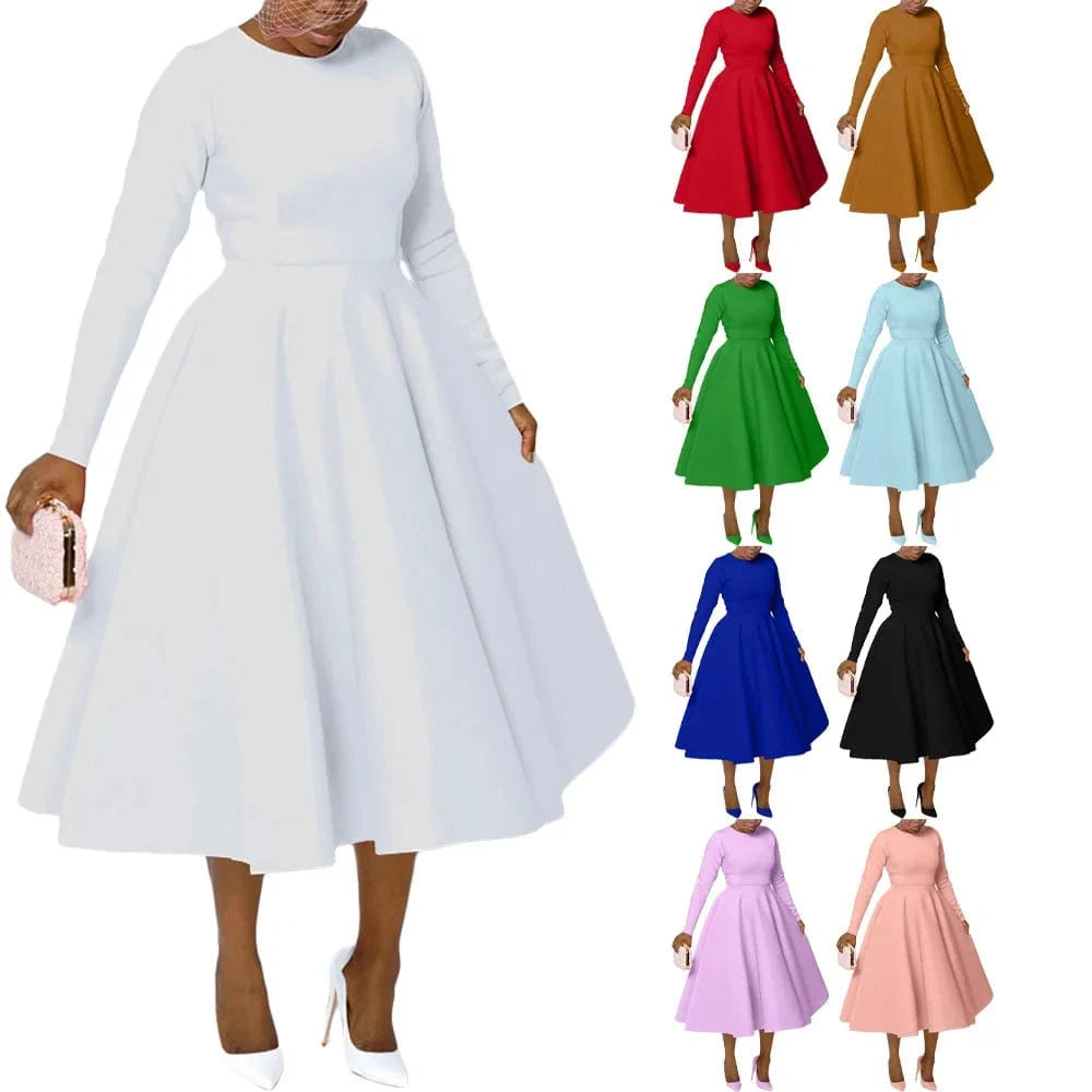 Elegant Church Dresses for Woman 2025 Fall Long Sleeve O Neck High Waisted A-Line Midi Calf Party Cocktail Dress with Pockets