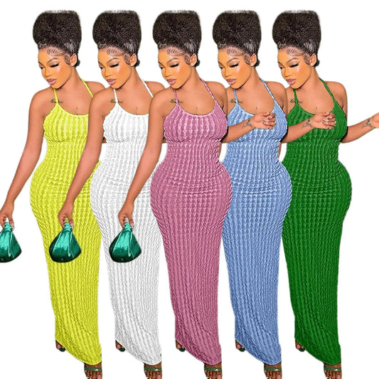 Elegant Clubwear Sleeveless Sling Solid Color Ribbing Maxi Dresses Women Casual 2024