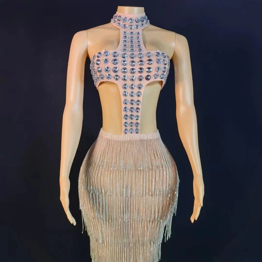 Elegant Crystal Tassel Formal Wedding Cocktail Long Dress Backless Cut Out Night Prom Dress Women Sexy Party Evening Dresses