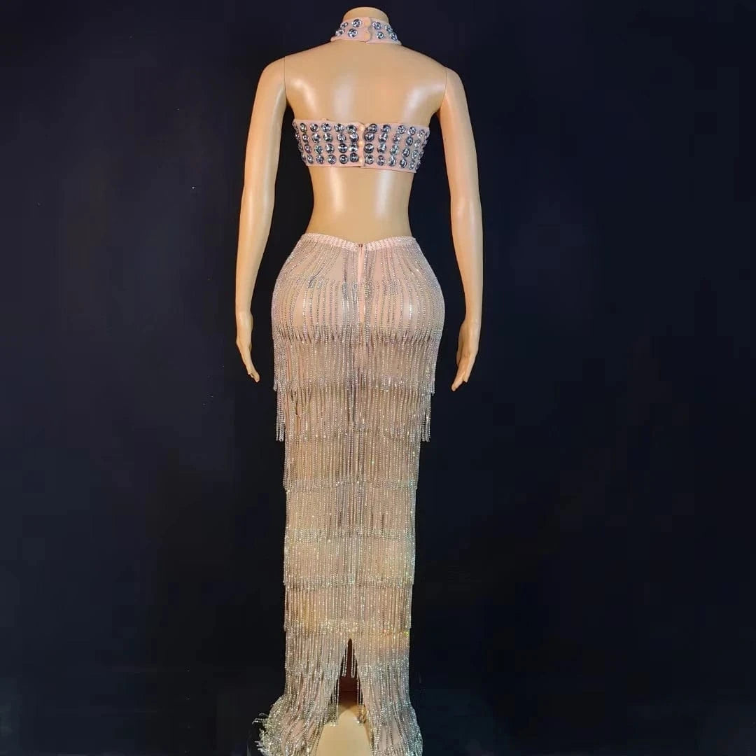 Elegant Crystal Tassel Formal Wedding Cocktail Long Dress Backless Cut Out Night Prom Dress Women Sexy Party Evening Dresses