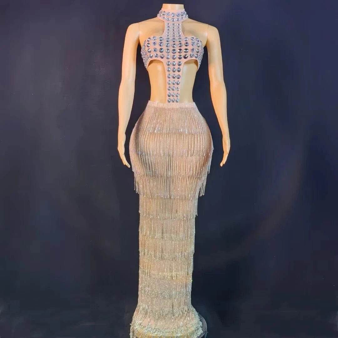 Elegant Crystal Tassel Formal Wedding Cocktail Long Dress Backless Cut Out Night Prom Dress Women Sexy Party Evening Dresses