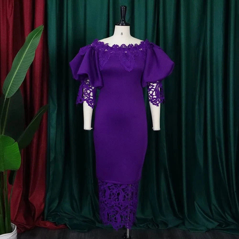 Elegant Dresses for Woman Off the Shoulder Lantern Sleeve Lace Patchwork Sheath Package Hips Ankle Length Luxury Birthday Dress