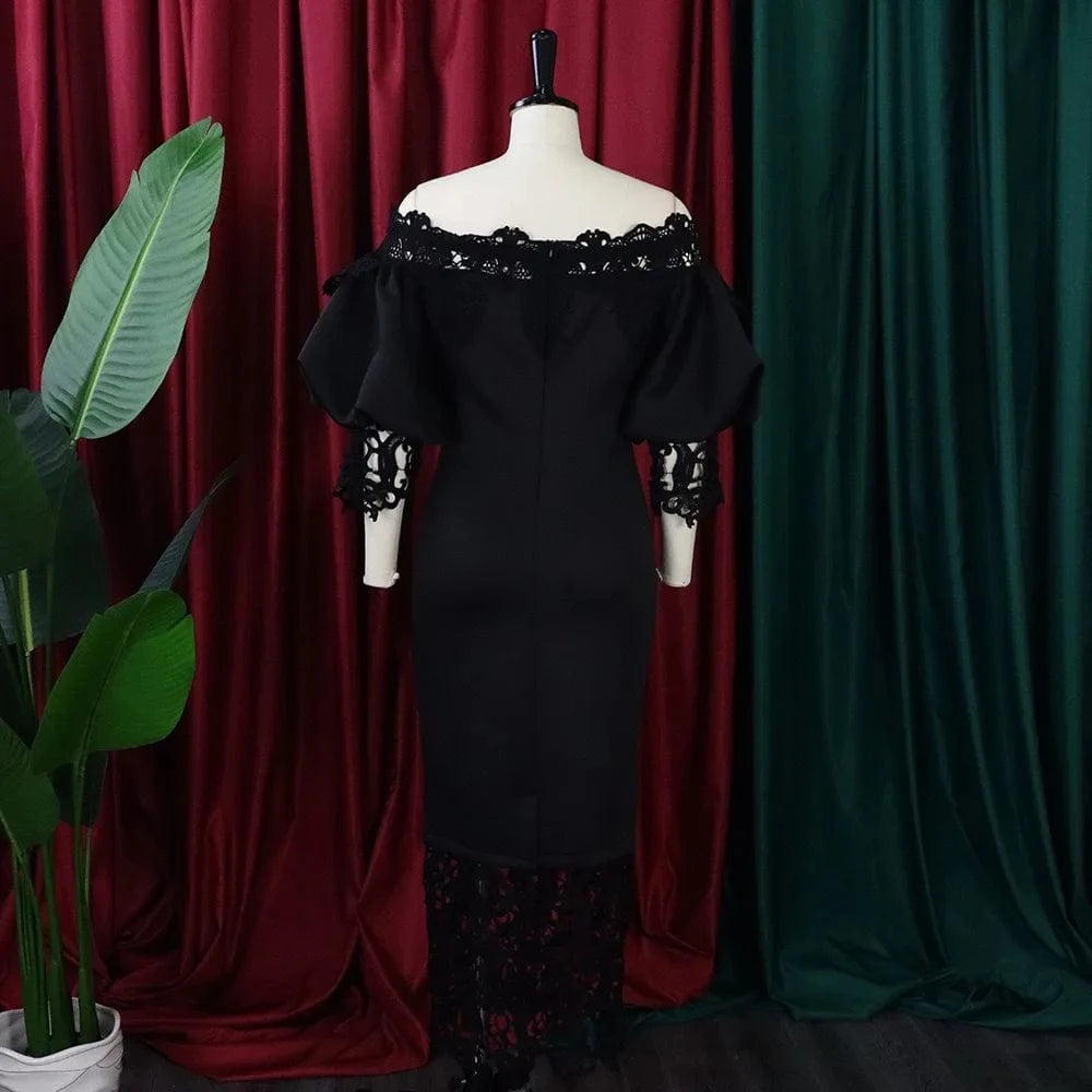 Elegant Dresses for Woman Off the Shoulder Lantern Sleeve Lace Patchwork Sheath Package Hips Ankle Length Luxury Birthday Dress