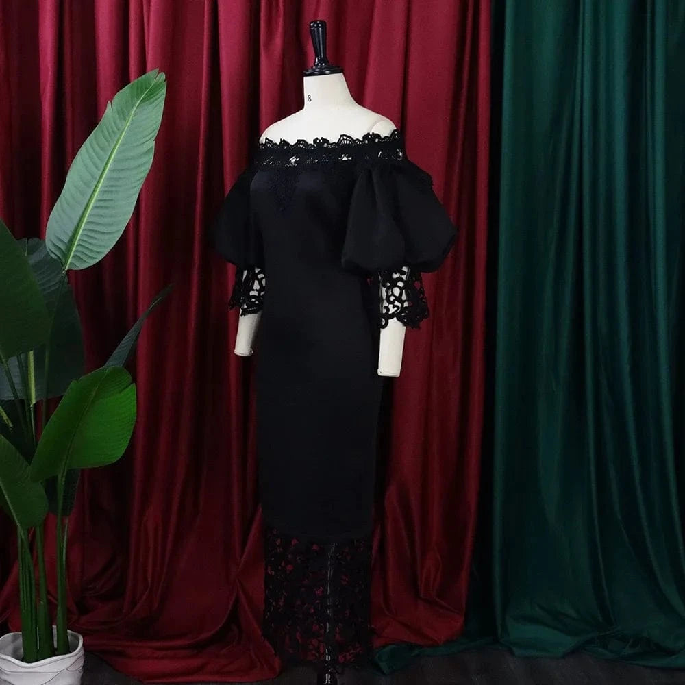 Elegant Dresses for Woman Off the Shoulder Lantern Sleeve Lace Patchwork Sheath Package Hips Ankle Length Luxury Birthday Dress