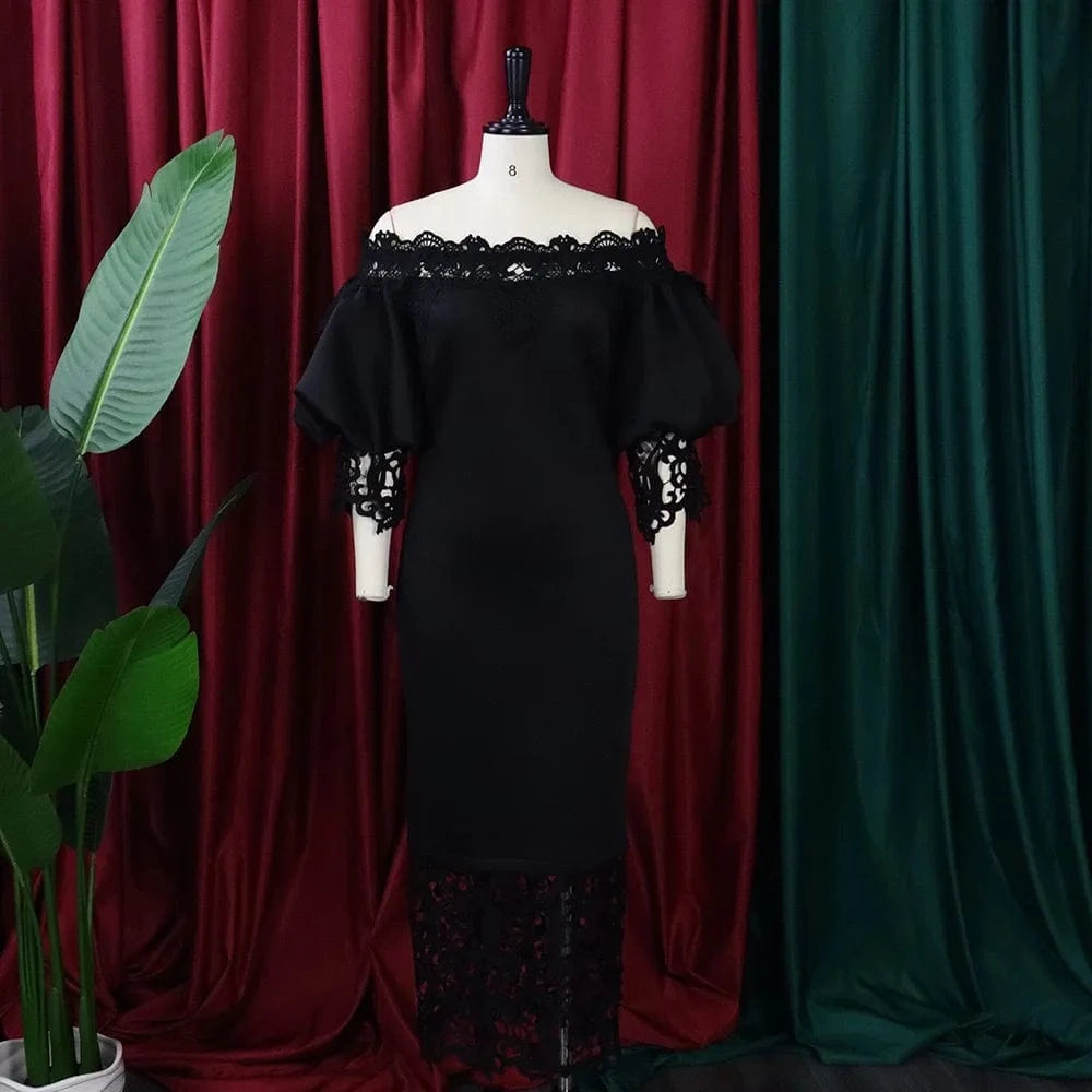 Elegant Dresses for Woman Off the Shoulder Lantern Sleeve Lace Patchwork Sheath Package Hips Ankle Length Luxury Birthday Dress