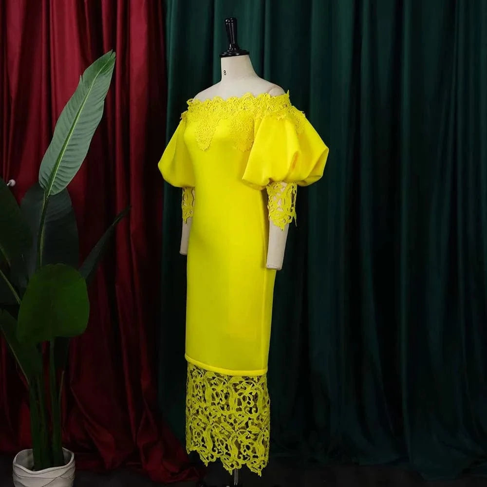 Elegant Dresses for Woman Off the Shoulder Lantern Sleeve Lace Patchwork Sheath Package Hips Ankle Length Luxury Birthday Dress