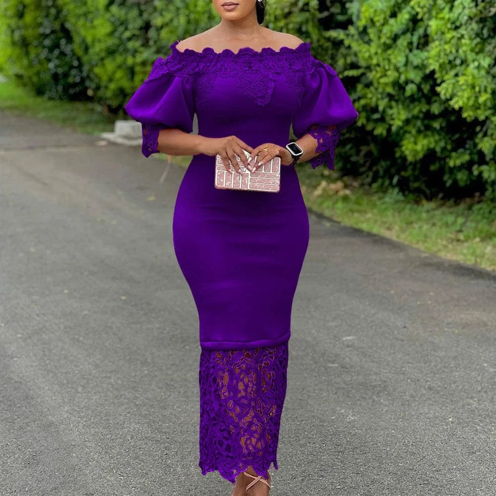 Elegant Dresses for Woman Off the Shoulder Lantern Sleeve Lace Patchwork Sheath Package Hips Ankle Length Luxury Birthday Dress