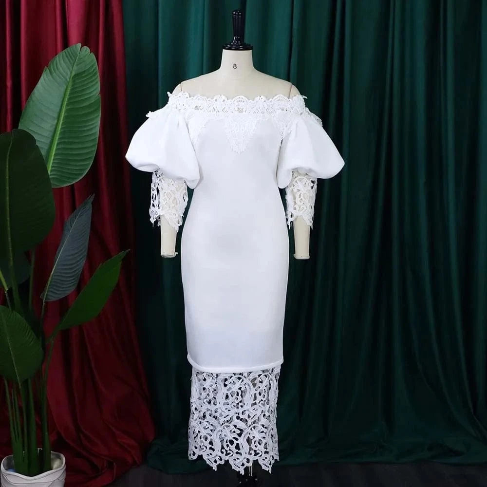 Elegant Dresses for Woman Off the Shoulder Lantern Sleeve Lace Patchwork Sheath Package Hips Ankle Length Luxury Birthday Dress