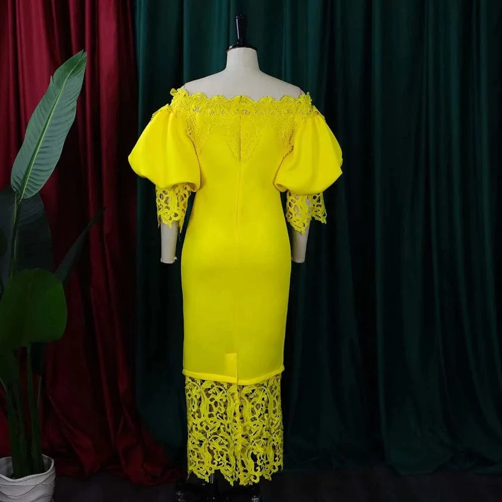 Elegant Dresses for Woman Off the Shoulder Lantern Sleeve Lace Patchwork Sheath Package Hips Ankle Length Luxury Birthday Dress